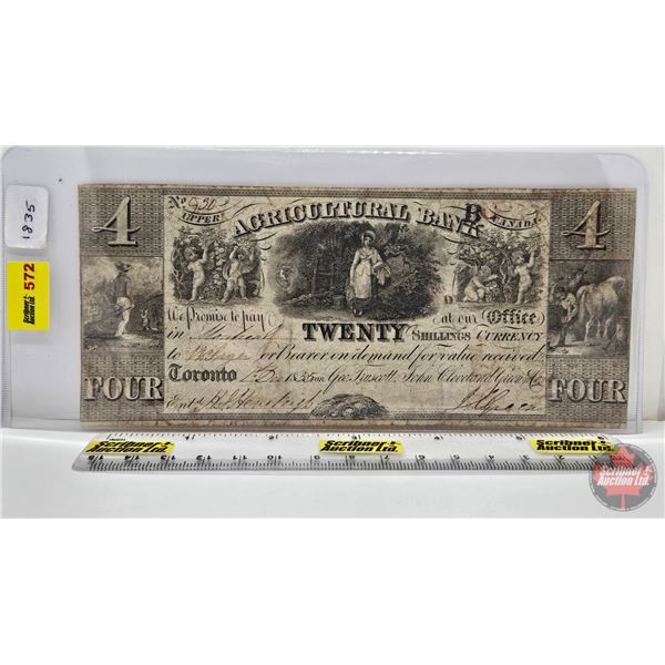 Upper Canada $4 Bill 1835 Agricultural Bank "Twenty Shillings" : No. 930