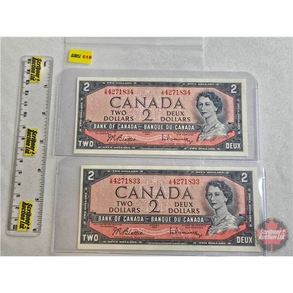 Canada $2 Bills 1954 (2 Consecutive) : Beattie/Rasminsky #VR4271833-834