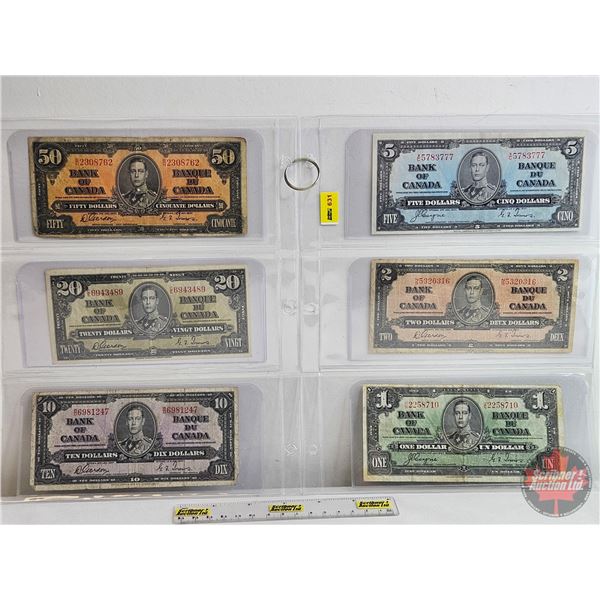 Bank of Canada Bills 1937 (6) : - $1 Bill Coyne/Towers #UN2258710 - $2 Bill Gordon/Towers #NB5320316
