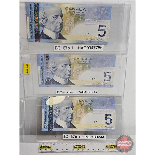 Canada $5 Bills 2006 (3):  - Jenkins/Carney #HAC0947786 - Jenkins/Carney #HPA8497606 - Jenkins/Carne