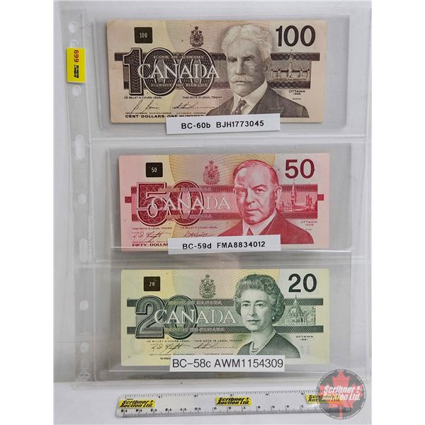 Canada Bills ~ Bird Series (3): - $100 Bill : Bonin/Thiessen #BJH1773045 - $50 Bill : Knight/Dodge #