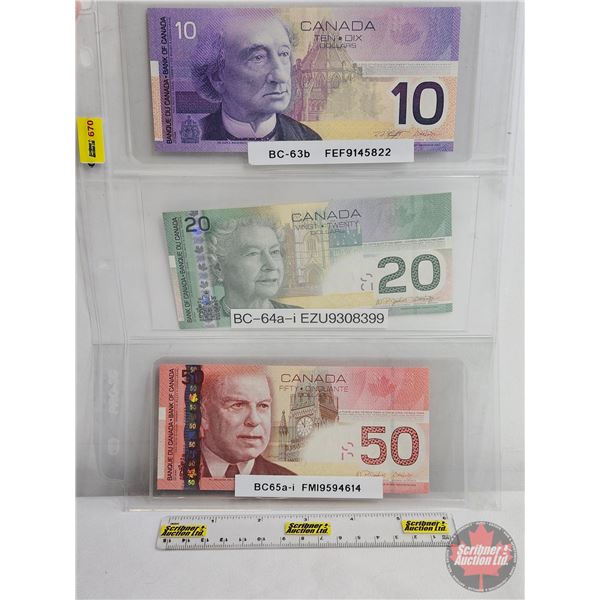 Canada Bills ~ Collector Combo (3): - $50 Bill : Jenkins/Dodge #FMI9594614 - $20 Bill : Jenkins/Dodg