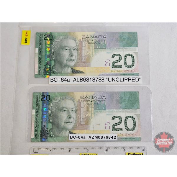 Canada $20 Bills 2004 (2): - Jenkins/Dodge #AMZ0876842 - Jenkins/Dodge #ALB6818788 (Consignor Tag: "