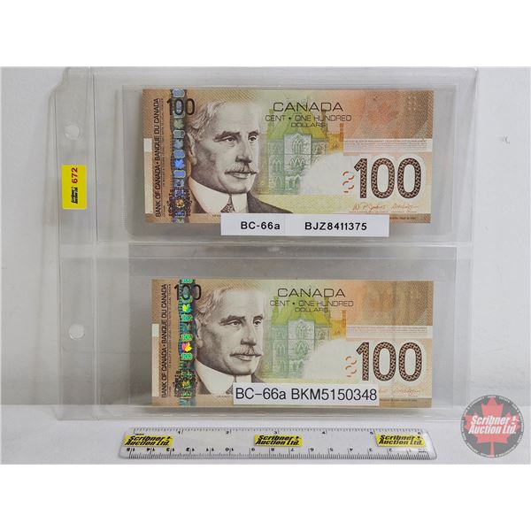Canada $100 Bills 2004 (2): - Jenkins/Dodge #BJZ8411375 - Jenkins/Dodge #BKM5150348