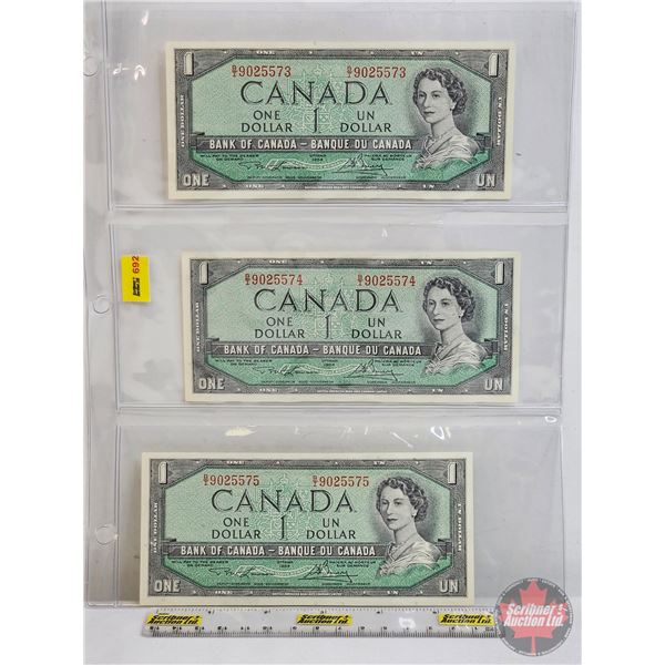 Canada $1 Bills 1954 (3 Consecutive) : Lawson/Bouey #BI9025573-574-575