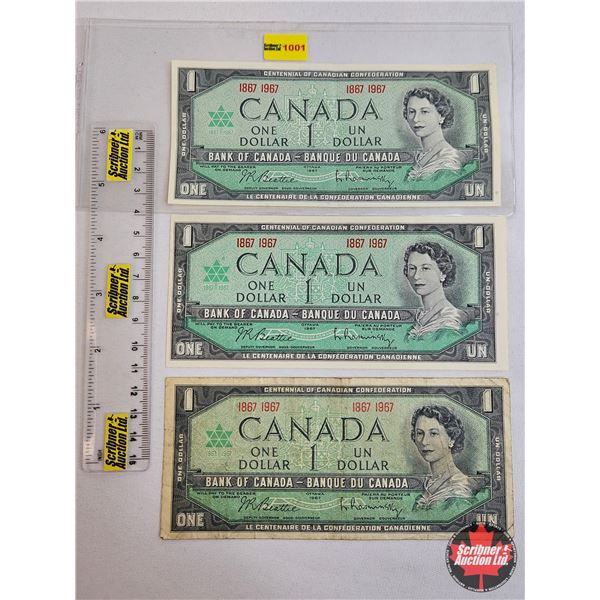 Canada $1 Bills 1967 (3) : Centennial : Beattie/Coyne # 1867 1967
