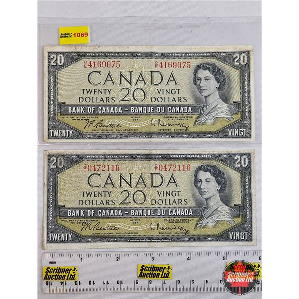 Canada $20 Bills 1954 (2):  - Beattie/Rasminsky #OE4169075 - Beattie/Rasminsky #OE472116