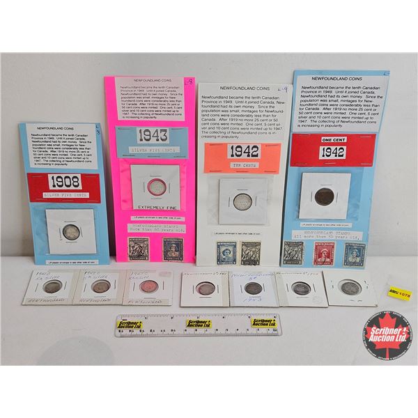 Newfoundland Coins / Stamps (11 Coins & 7 Stamps) : - One Cent 1942 + 1¢ Stamp + 2¢ Stamp + 4¢ Stamp