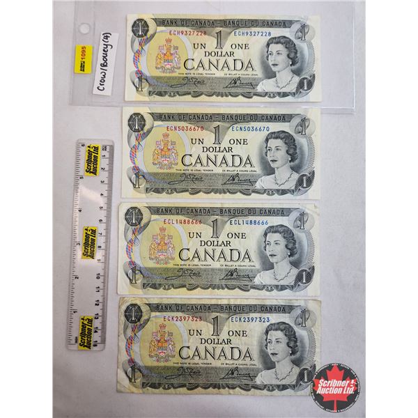 Canada $1 Bills 1973 (4) :  - Crow/Bouey #ECH9327228 - Crow/Bouey #ECN5036670 - Crow/Bouey #ECL14886