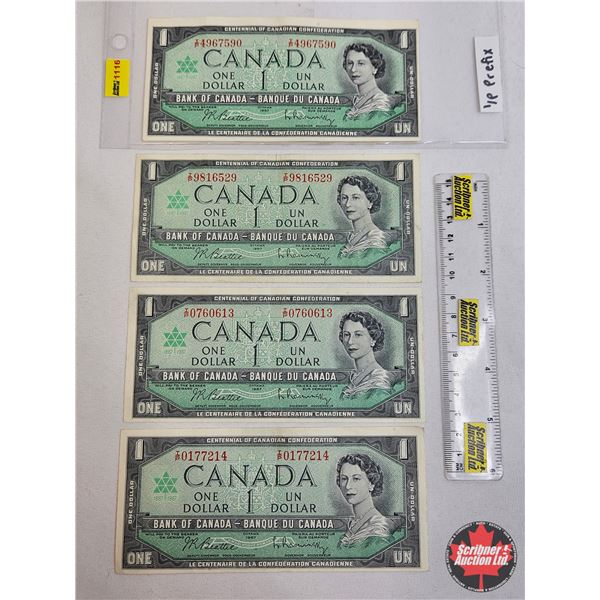 Canada $1 Bills 1967 (4) :  - Beattie/Rasminsky #IP4967590 - Beattie/Rasminsky #IP9816529 - Beattie/