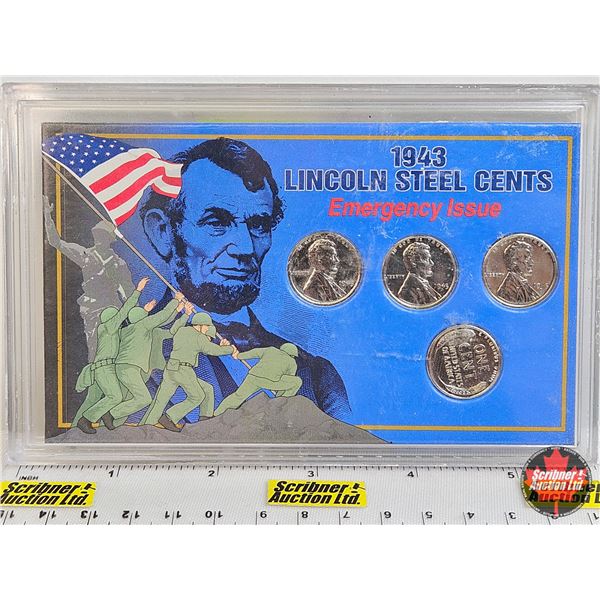 United States Minted 4-Coin Set : 1943 Lincoln Steel Cents : Emergency Issue