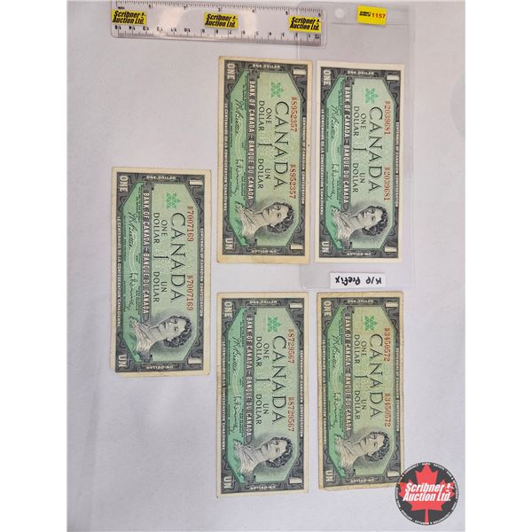 Canada $1 Bills 1967 (5) :  - Beattie/Rasminsky #KP2039681 - Beattie/Rasminsky #KP8952357 - Beattie/