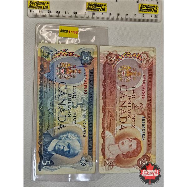 Canada Bills (2) - 1974 $2 Bill : Crow/Bouey #ARA0032566 - 1972 $5 Bill : Bouey/Rasminsky #CF7339493