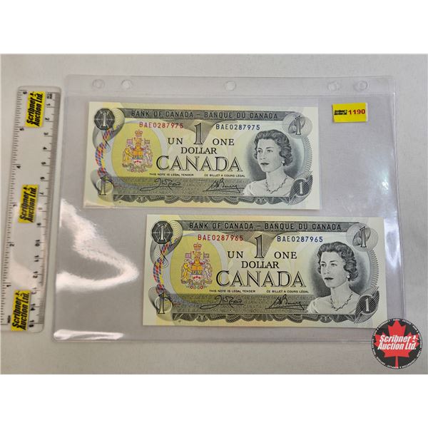 Canada $1 Bills 1973 (2) : Close in Sequence - Crow/Bouey #BAE0287965 - Crow/Bouey #BAE0287975