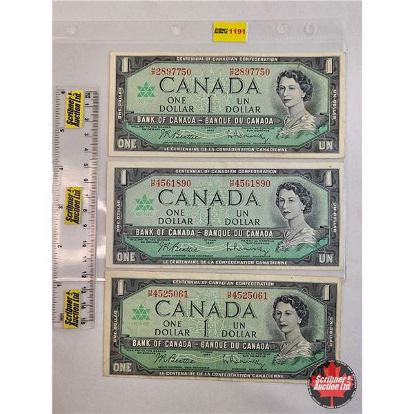 Canada $1 Bills 1967 (3) : HP Prefix - Beattie/Rasminsky #HP4525061 - Beattie/Rasminsky #HP2897750 -