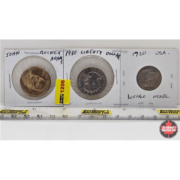 USA Coins (3) :  - 1920 Buffalo Nickel - 2008 John Quincy Adams Dollar - 1980 Liberty Dollar