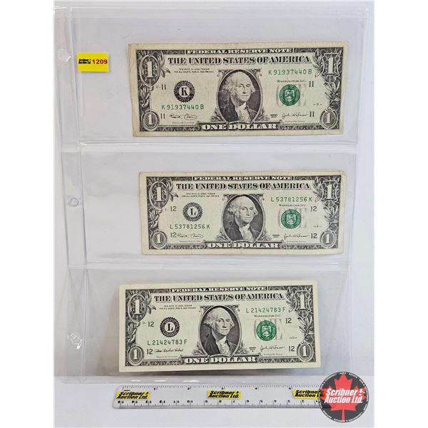 USA $1 Bills (3) : 2003 - #K91937440B - #L53781256K - #L21424783F