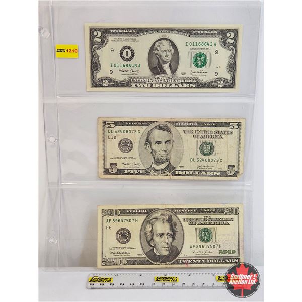 USA Bills (3) : - 2003 $2 : #I01168643A - 2003 $5 : #DL52408073C -1996 $20 : #AF89647507H