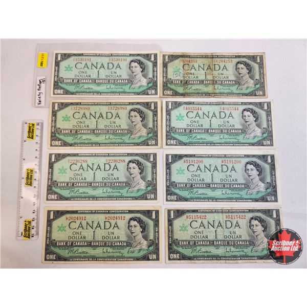 Canada $1 Bills 1967 (8) :  - Beattie/Rasminsky #GP5115422 - Beattie/Rasminsky #GP5191200 - Beattie/