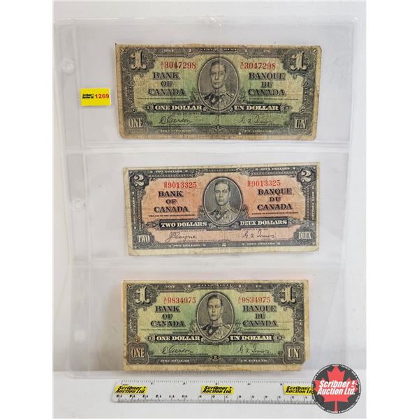Bank of Canada Bills 1937 (3): - $1 : Gordon/Towers #XL3047298 - $2 : Coyne/Towers #BR9013325 - $1 :