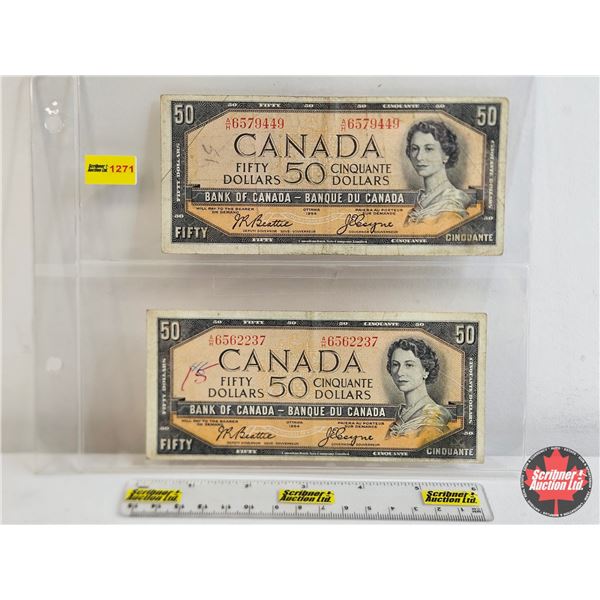 Canada $50 Bills 1954 (2): - Beattie/Coyne #AH6579449 - Beattie/Coyne #AH6562237