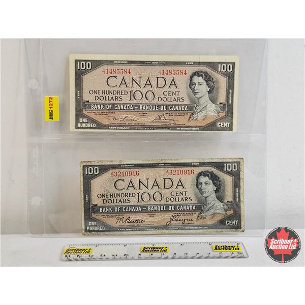 Canada $100 Bills 1954 (2): - Lawson/Bouey #CJ1485584 - Beattie/Coyne #AJ3210916