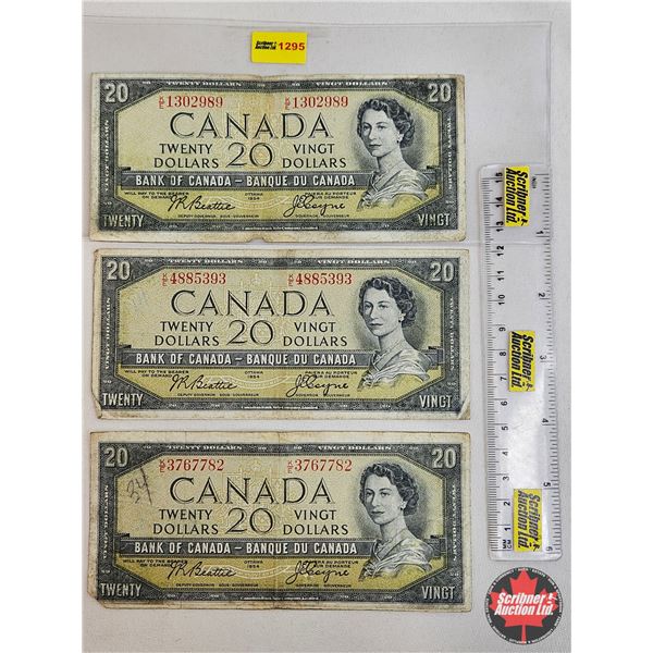 Canada $20 Bills 1954 (3) : "KE" Prefix - Beattie/Coyne #KE1302989 - Beattie/Coyne #KE4885393 - Beat