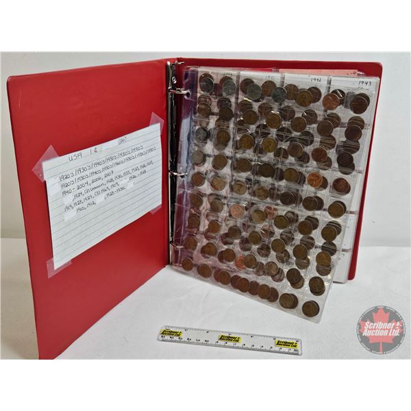 BINDER LOT - BULK BUY : USA One Cent (241 Coins) (Red Binder) (Variety Intermittent : 1920's - 2000'