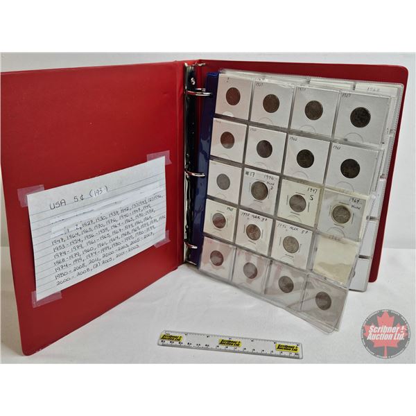BINDER LOT - BULK BUY : USA Five Cent (193 Coins) (Red Binder) (Variety Intermittent : 1920's - 2000