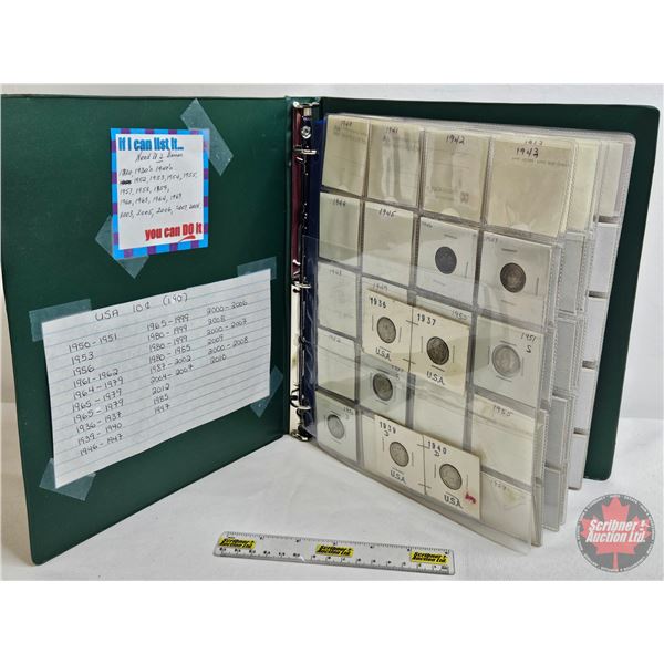 BINDER LOT - BULK BUY : USA Ten Cent (190 Coins) (Green Binder) (Variety Intermittent : 1930's - 200