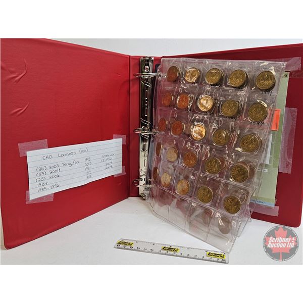 BINDER LOT - BULK BUY : Canada Loonie Dollars (100 Coins) (Red Binder) (Variety Intermittent : 1990'