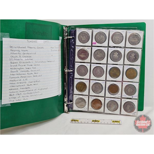 BINDER LOT - BULK BUY : TOKENS - VARIETY (49) (Green Binder) (See Handwritten List in Photos)