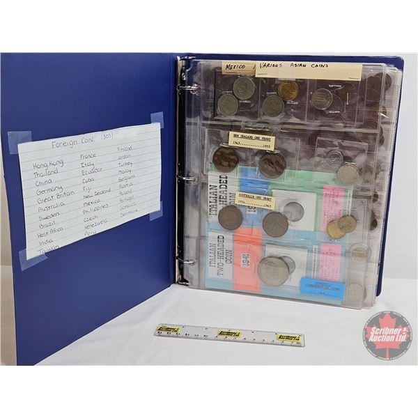 BINDER LOT - BULK BUY : FOREIGN COIN - VARIETY (300+) (Blue Binder) (See Handwritten List in Photos)