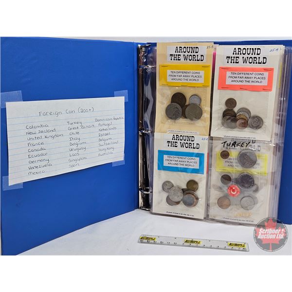 BINDER LOT - BULK BUY : FOREIGN COIN - VARIETY (200+) (Blue Binder) (See Handwritten List in Photos)