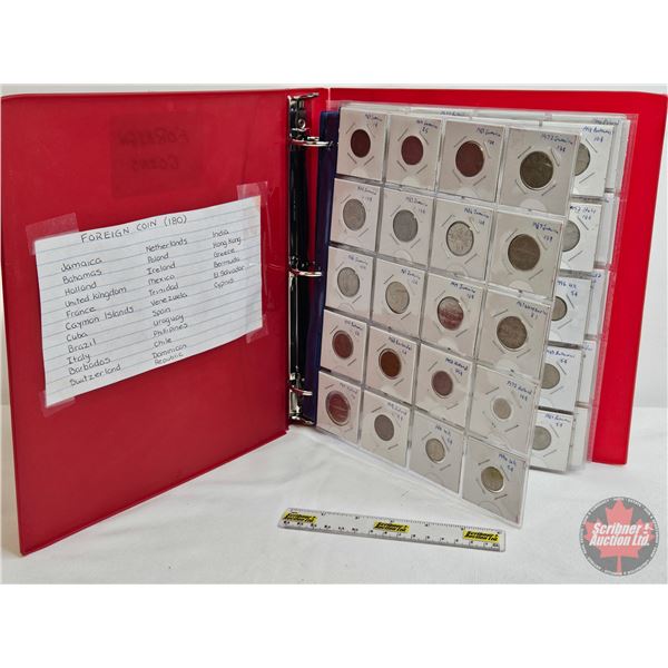 BINDER LOT - BULK BUY : FOREIGN COIN - VARIETY (180) (Red Binder) (See Handwritten List in Photos)