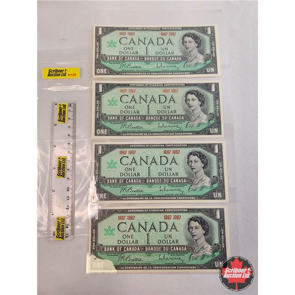 Canada $1 Bills 1967 Centennial (4 Bills) : Beattie/Rasminsky 1867 1967