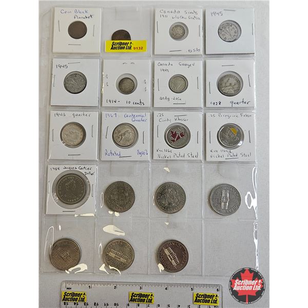 Canada Coins (19) : - One Cent : Unknown ; Blank Planchet - Five Cent : 1911; 1945; 1945 - Ten Cent 