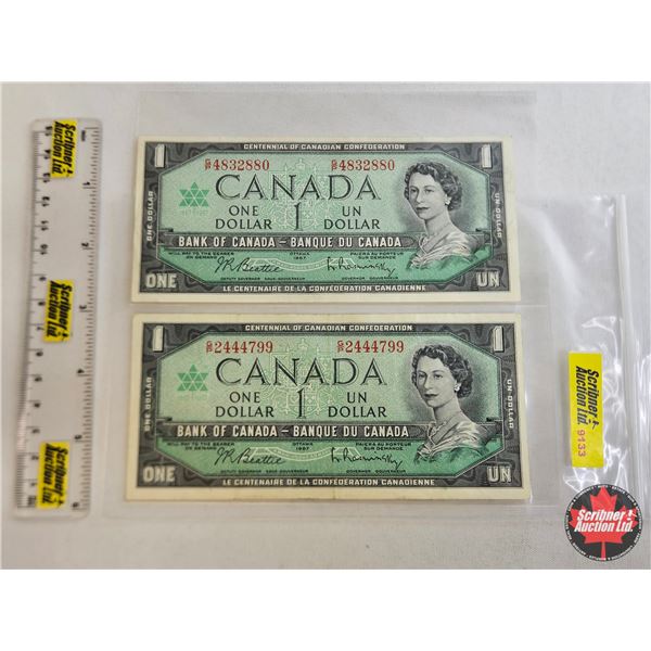 Canada $1 Bills 1967 (2): "GP" Prefix - Beattie/Rasminsky #GP2444799 - Beattie/Rasminsky #GP4832880