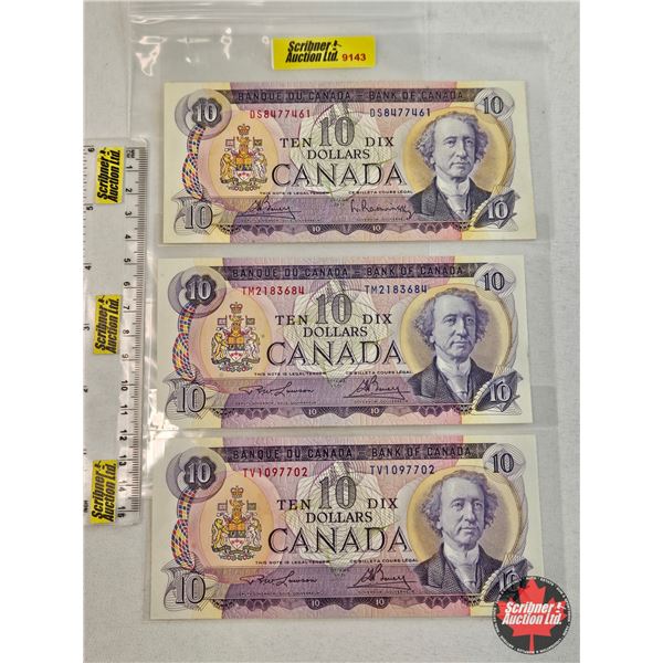 Canada $10 Bills 1971 (3):  - Lawson/Bouey #TV1097702 - Lawson/Bouey #TM2183684 - Bouey/Rasminsky #D