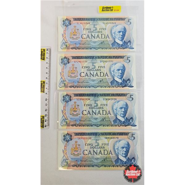 Canada $5 Bills 19721 (4):  - Lawson/Bouey #SN9353173 - Lawson/Bouey #SZ8542924 - Lawson/Bouey #SP29