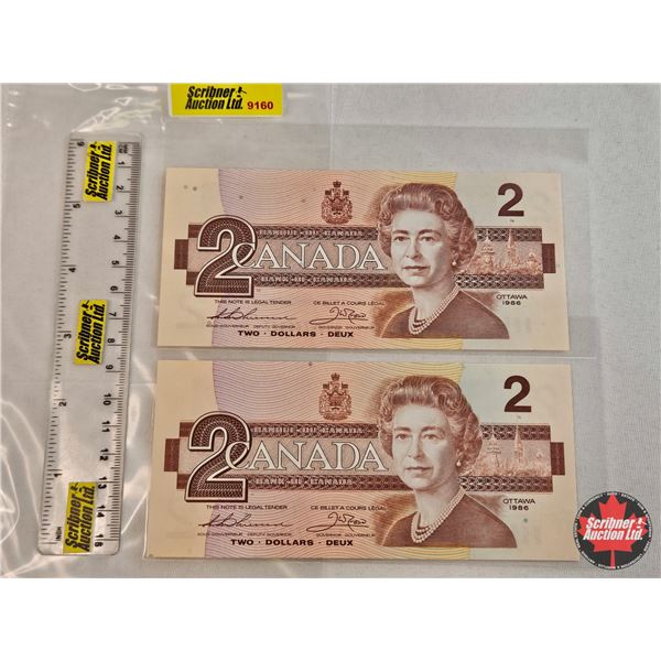 Canada $2 Bills 1986 (2): - Thiessen/Crow #BUU4768877 - Thiessen/Crow #EGG6176936