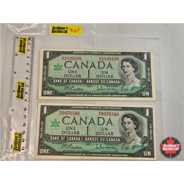 Canada $1 Bills 1967 (2):  - Beattie/Rasminsky #HP1839199 - Beattie/Rasminsky #MO9976340