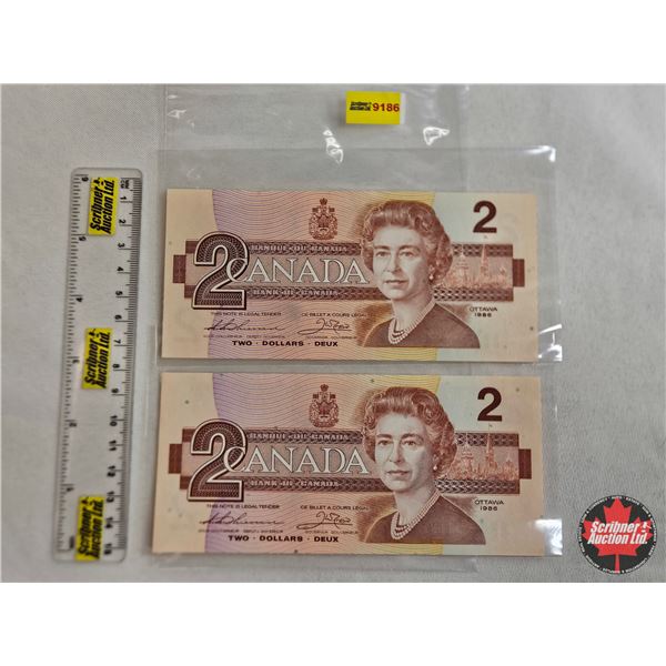 Canada $2 Bills 1986 (2): - Thiessen/Crow #EGM9968087 - Thiessen/Crow #EGN1455544