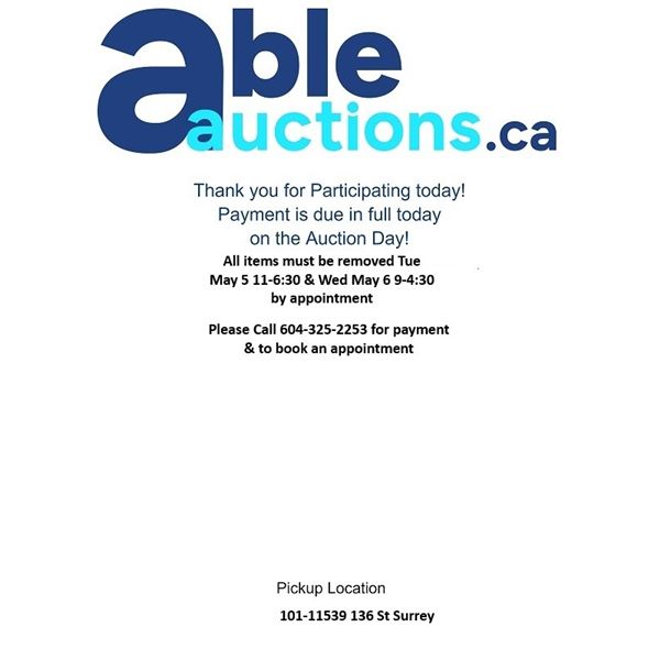 All items must be removed Tue May 5 11-6:30 & Wed May 6 9AM - 4:30 pm*  by appointment