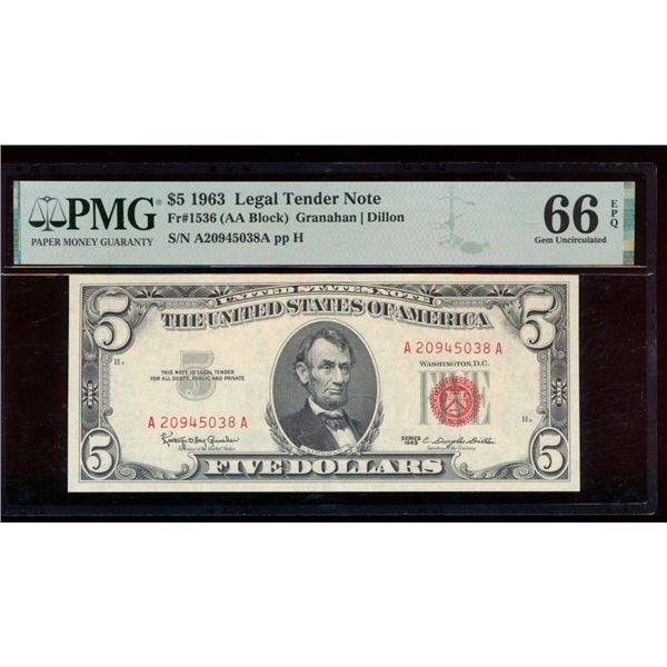 1963 $5 Legal Tender Note PMG 66EPQ