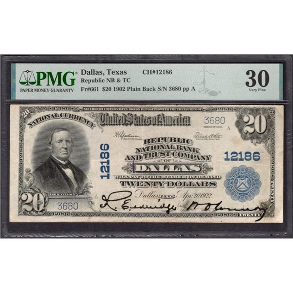 1902 $20 Dallas TX National PMG 30