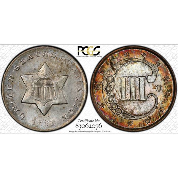 1851-O Three Cent Silver Coin PCGS MS65