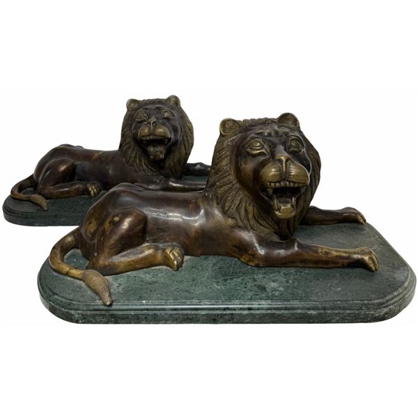 Pair of Large Bronze Recumbent Lions