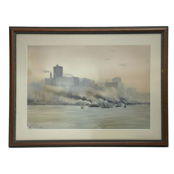 James Henry Moser - Harbor Scene Watercolor
