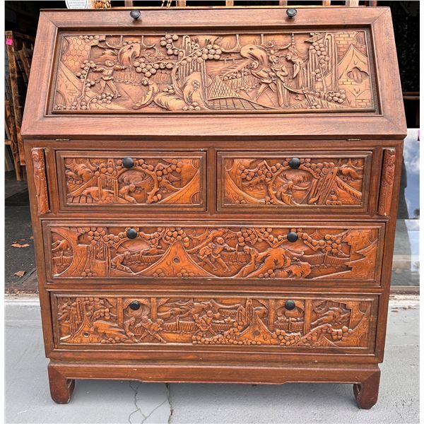 Wooden Drop Leaf Secretary Desk w/ Carved Grape Motif & 4 Drawers 36" x 16" x 42"H